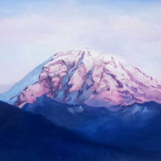 oil painting of mount rainier during pink skies
