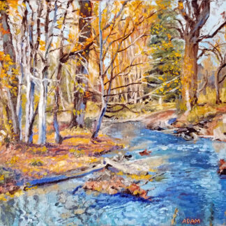 colorful painting of fall trees by a river