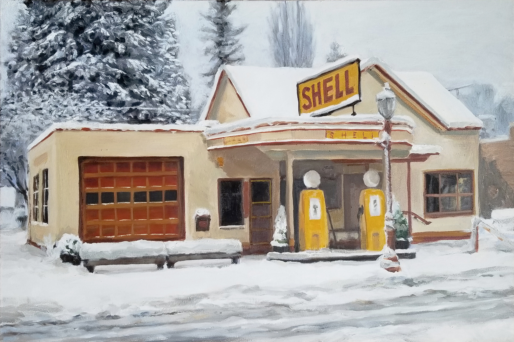 oil painting of a snowy shell gas station, old fashioned in its style, from issaquah, washington