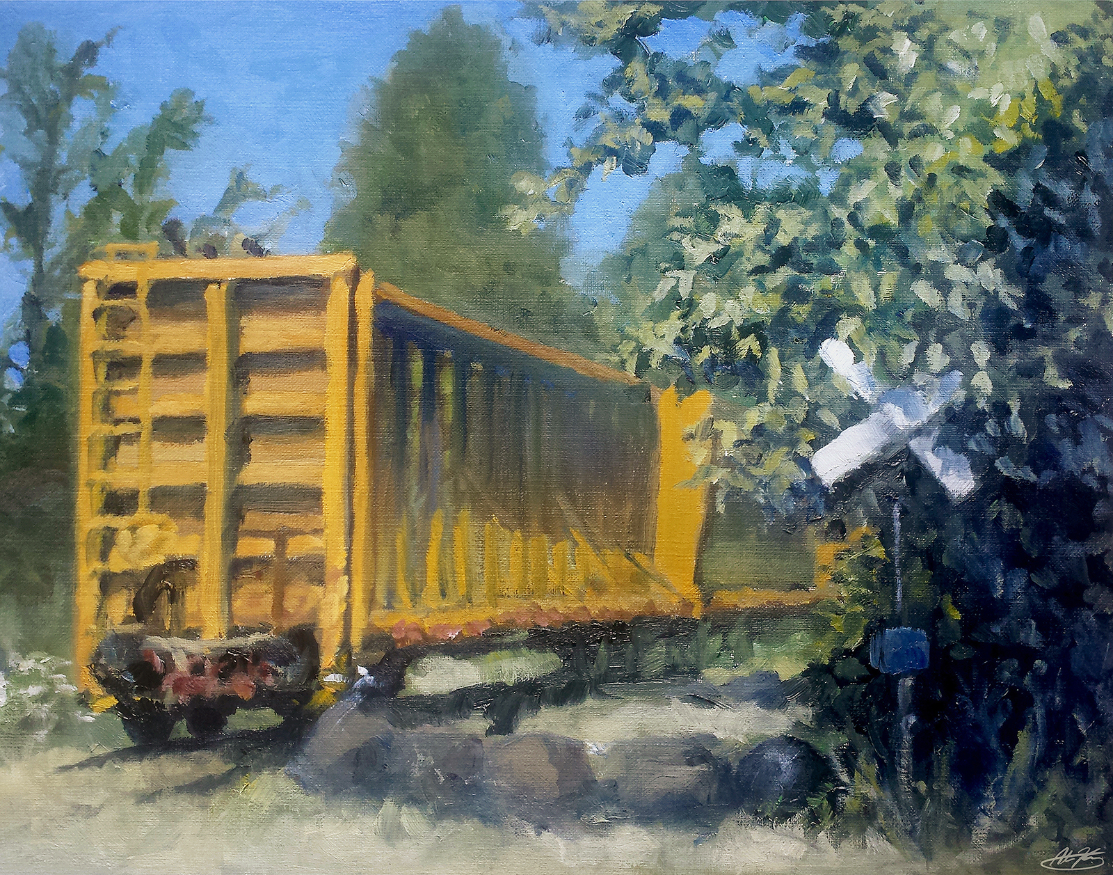 oil painting of a yellow train, abandoned and old, sitting unmoving on the tracks