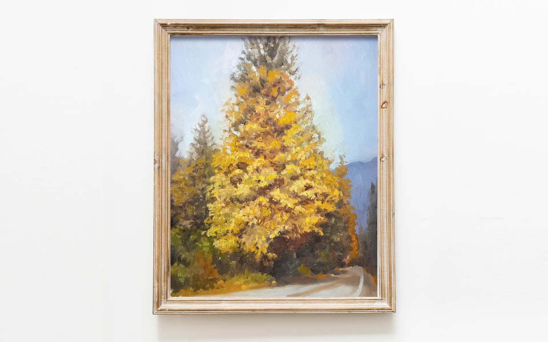 art print of oil painting depicting yellow gold fall leaves on a large tree