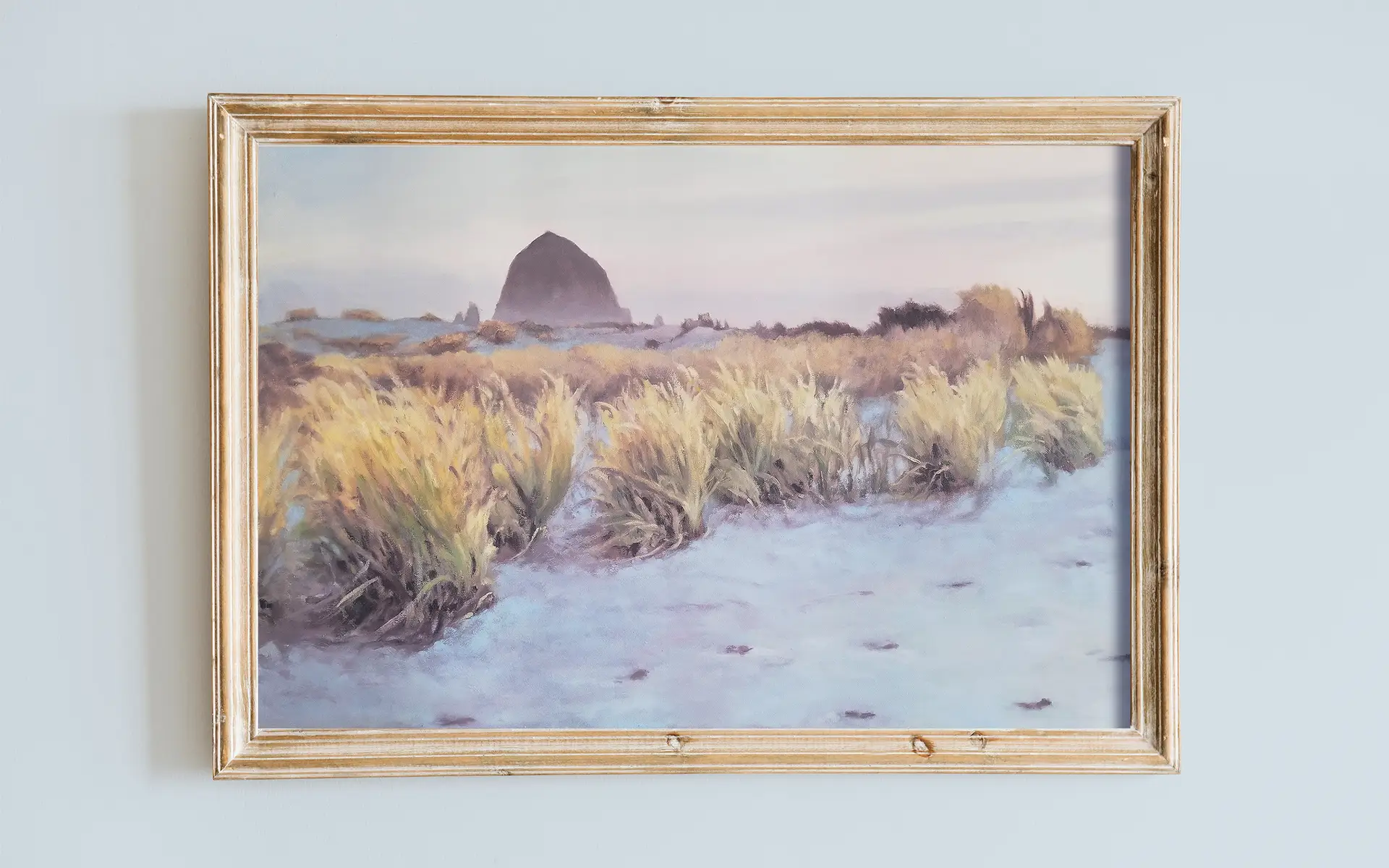 art print of oil painting depicting haystack rock at cannon beach with beach grass on violet sand at twilight