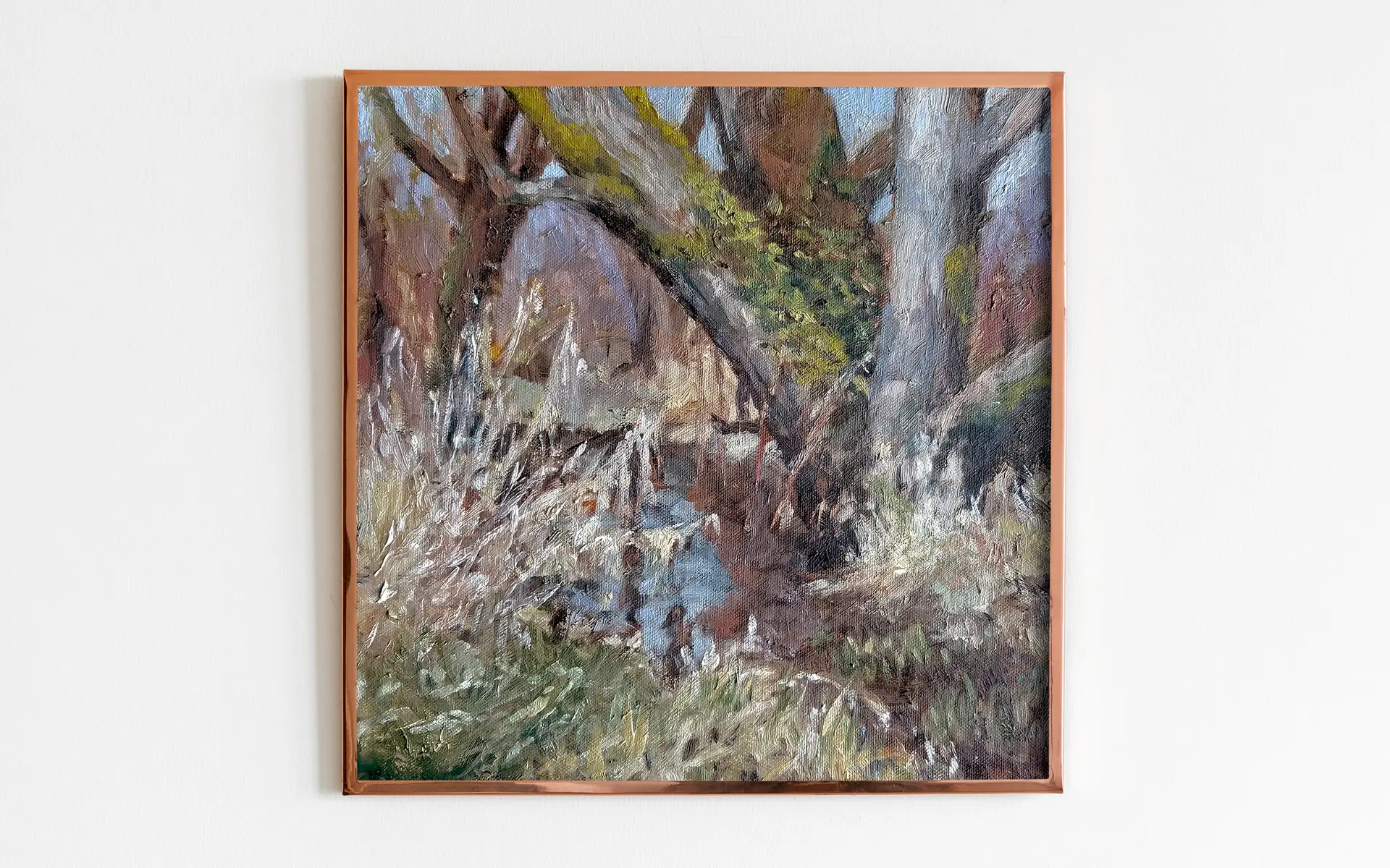 square art print of oil painting depicting an overgrown forest stream, with trees arching overhead