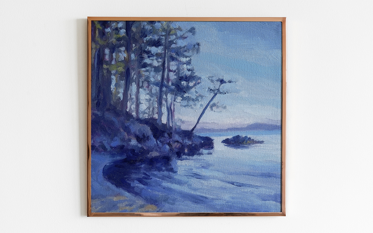 print of square oil painting of a beach in anacortes washington with blue tones