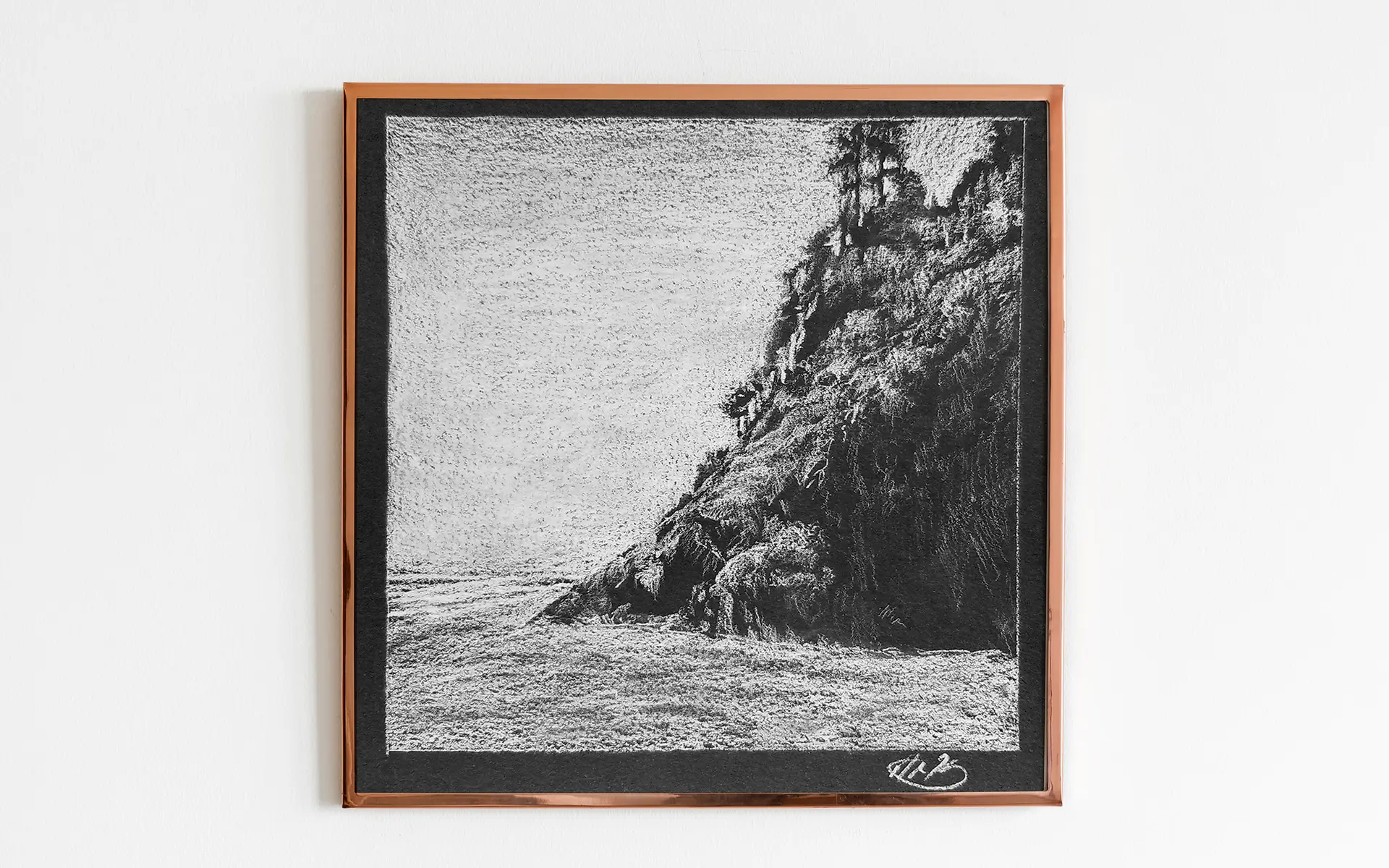 art print of black and white pencil drawing depicting a coastal terrace