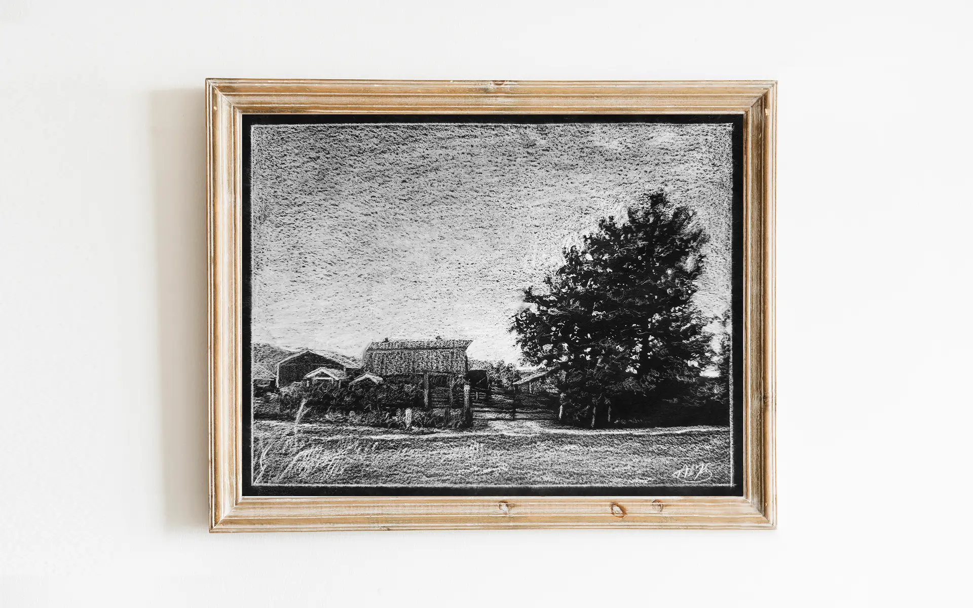 Art print of black and white drawing depicting a farm house with large trees against a big sky