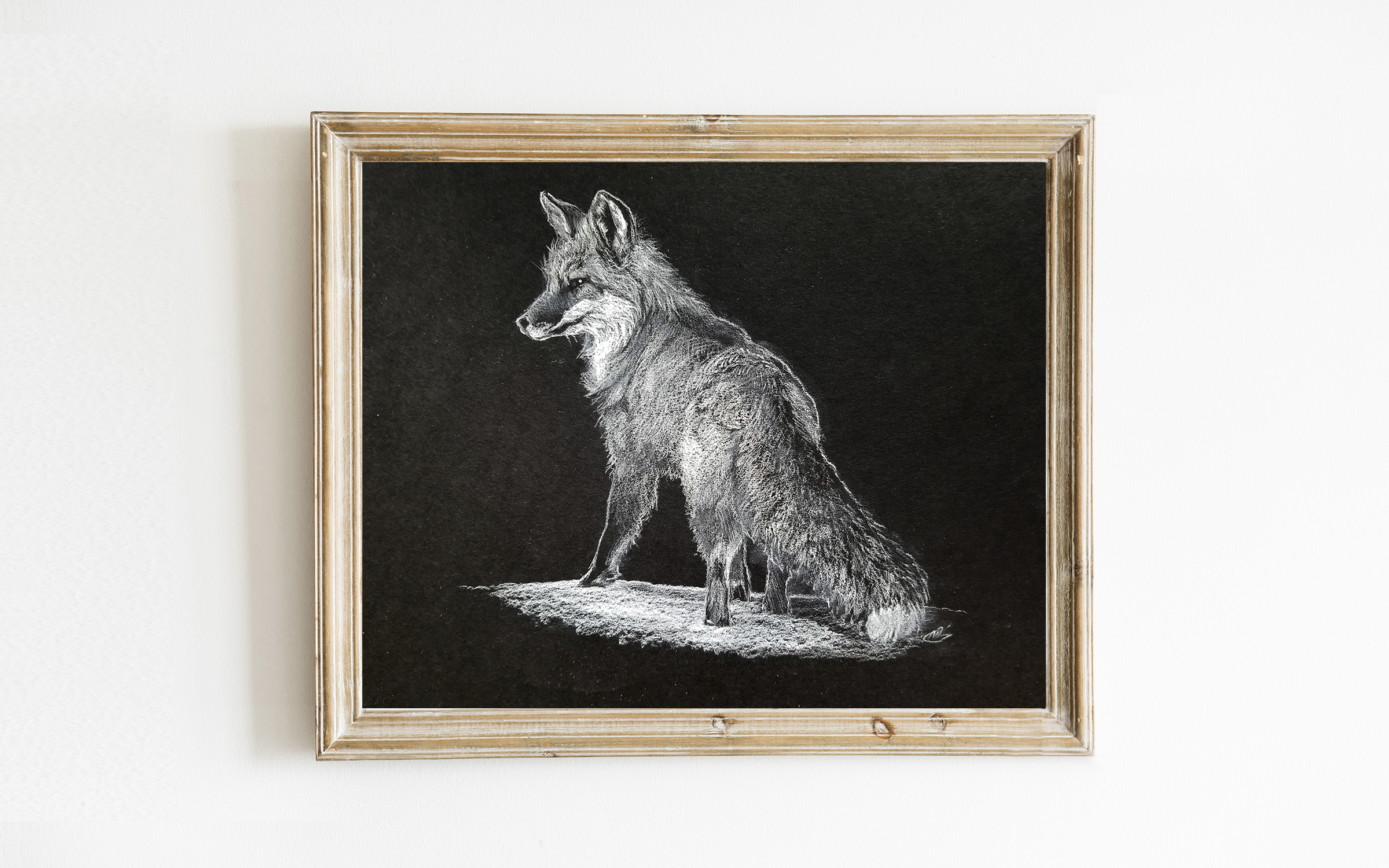 black and white art print of fox drawing, standing in the snow