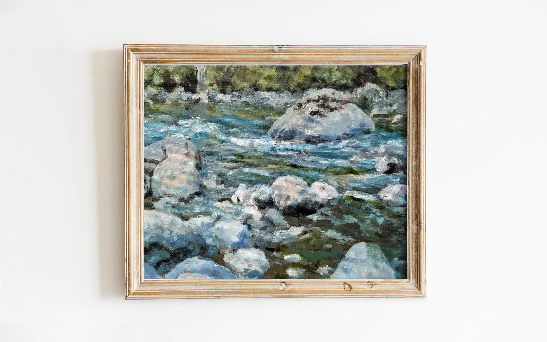 art print of oil painting depicting a green river, full of rocks