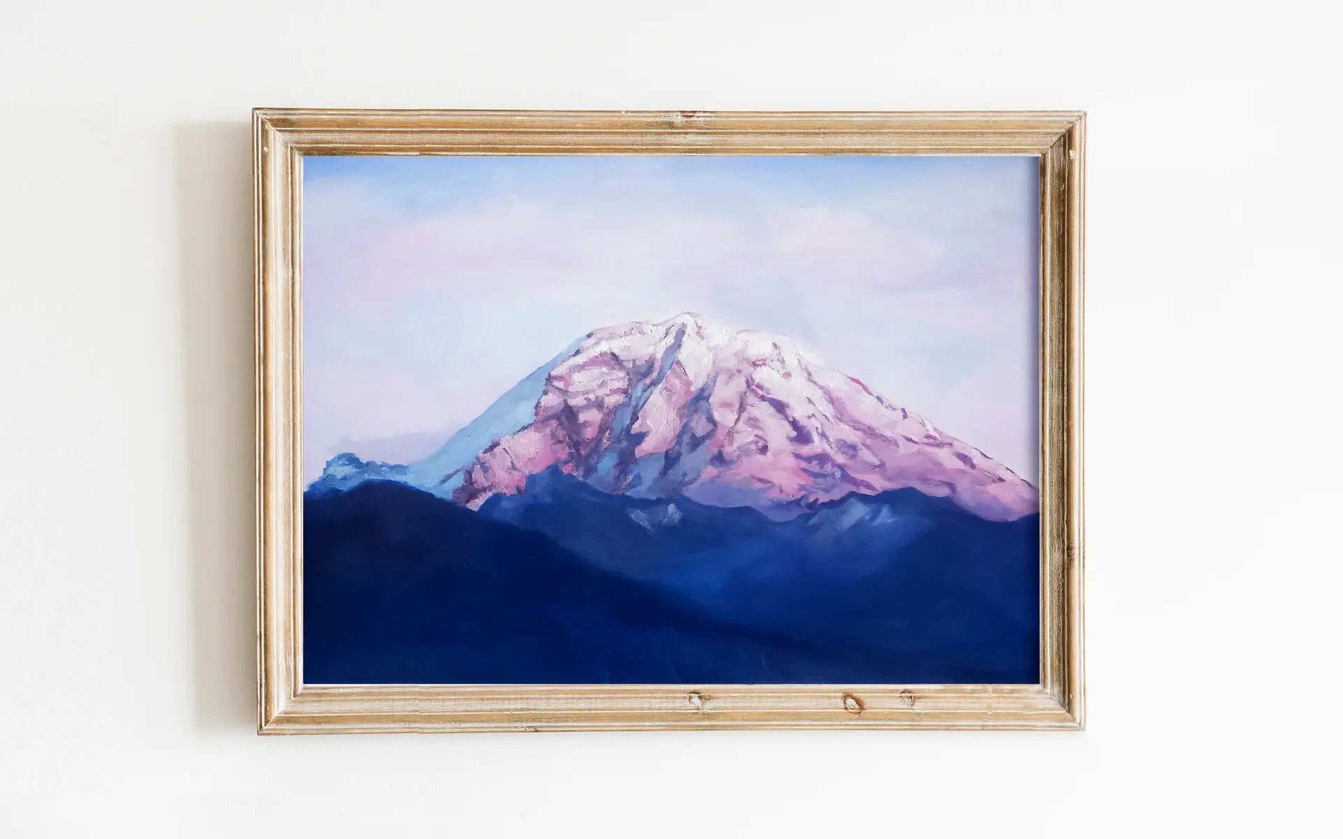 art print of oil painting depicting mt rainier during sunset with pink and purple hues