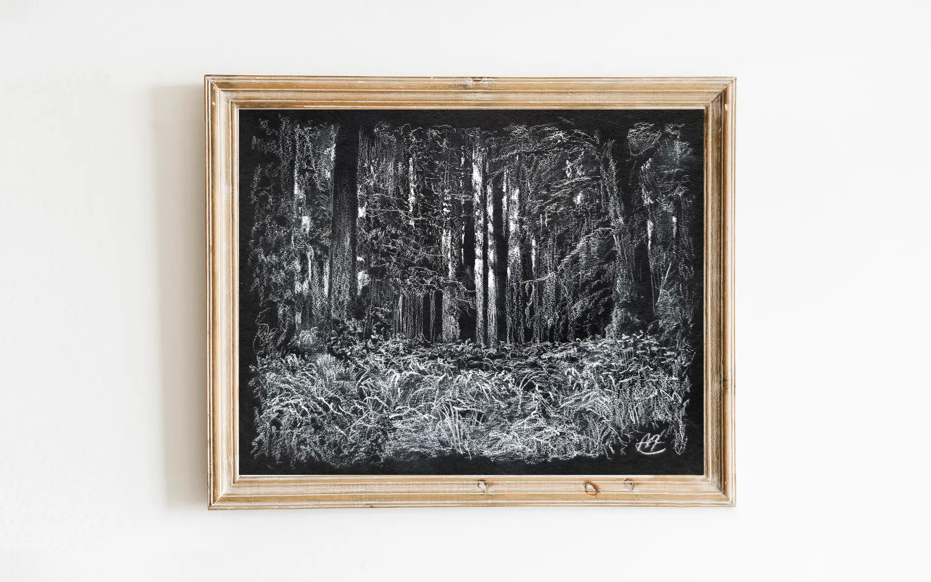 Art Print wall hanging of black and white drawing depicting light filtering through forest trees