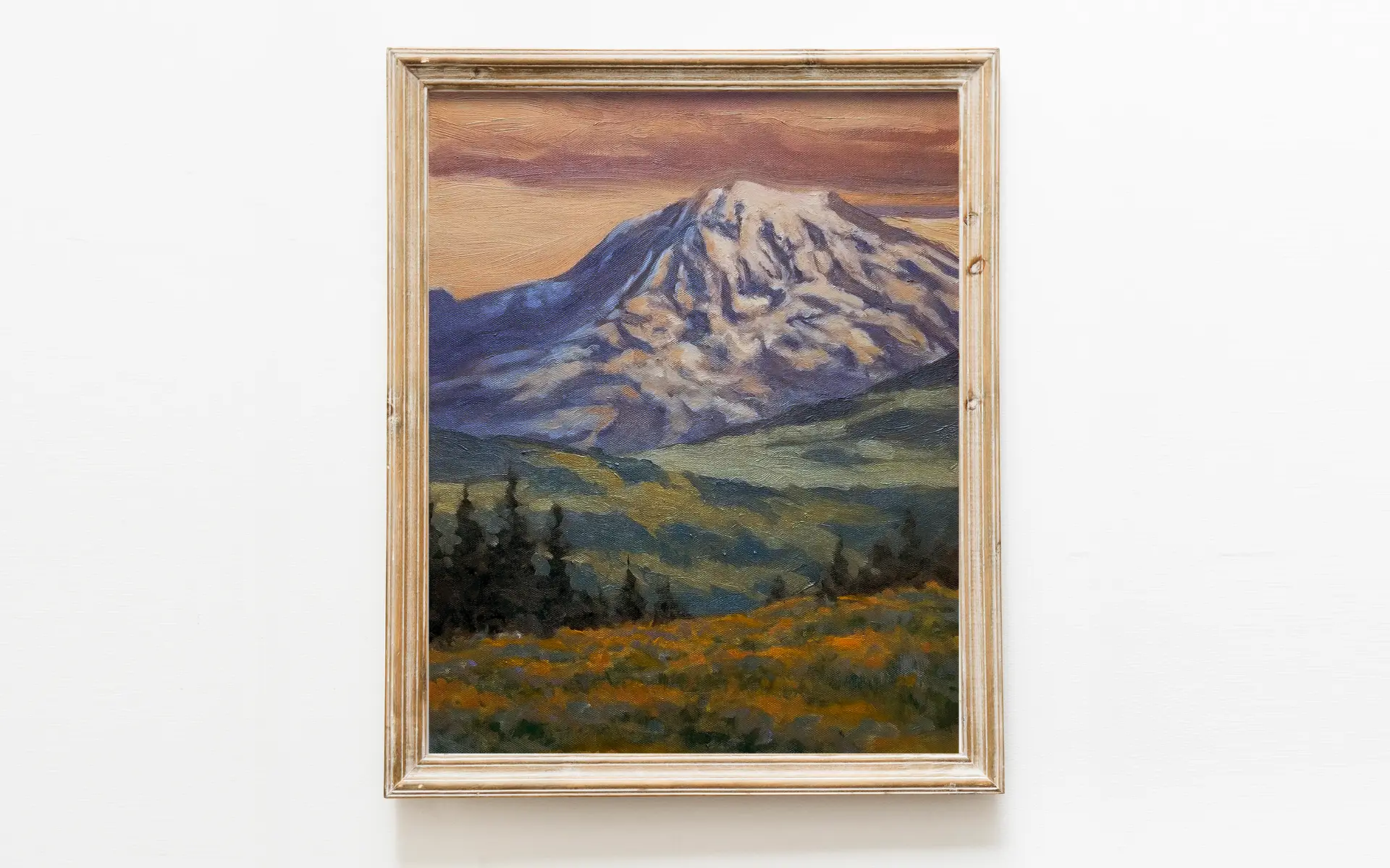 art print of oil painting depicting mt rainier at sunset with coral colors, dim lighting, and fields in the midground and foreground.