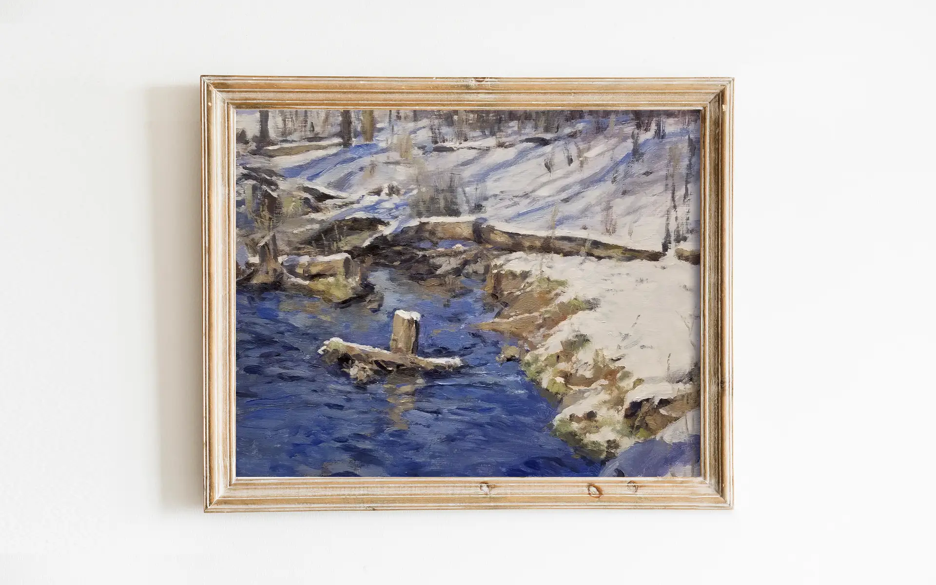 art print of oil painting depicting a snow creek with downed trees and logs