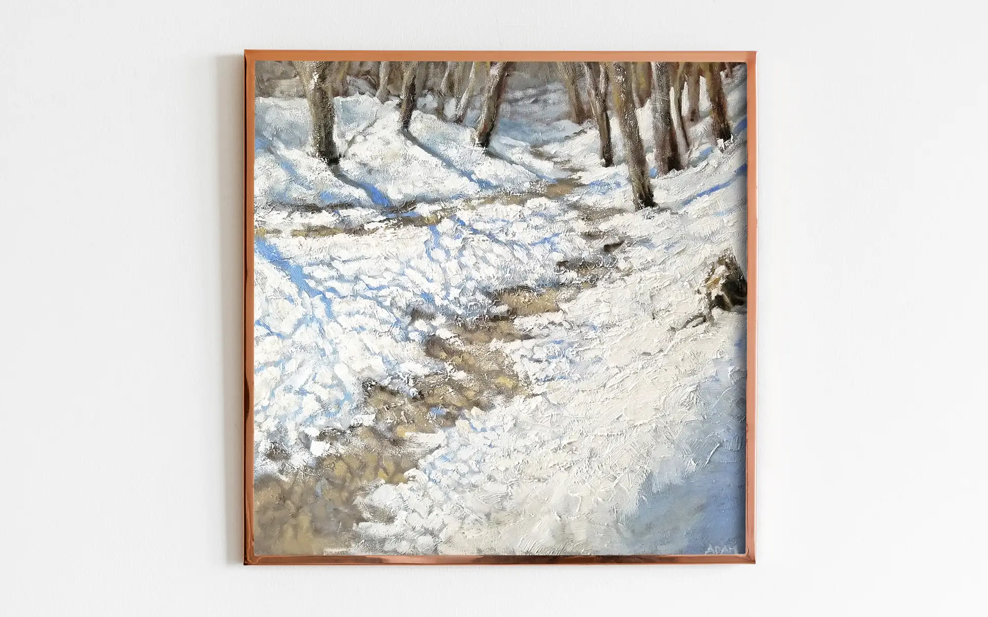 art print of oil painting depicting a snowy pathway through a forest