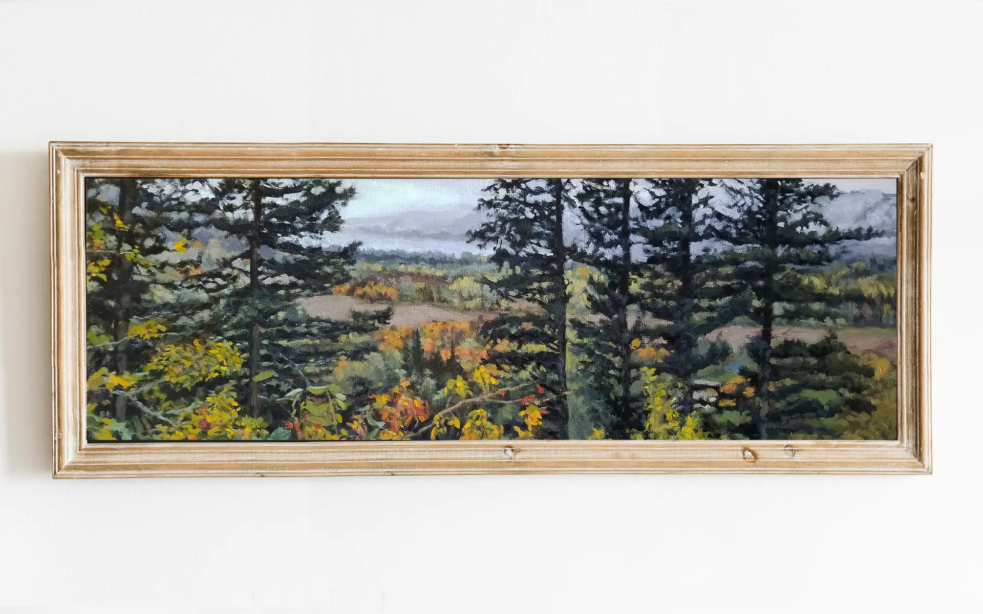 art print of an oil painting depicting an autumn panorama of trees