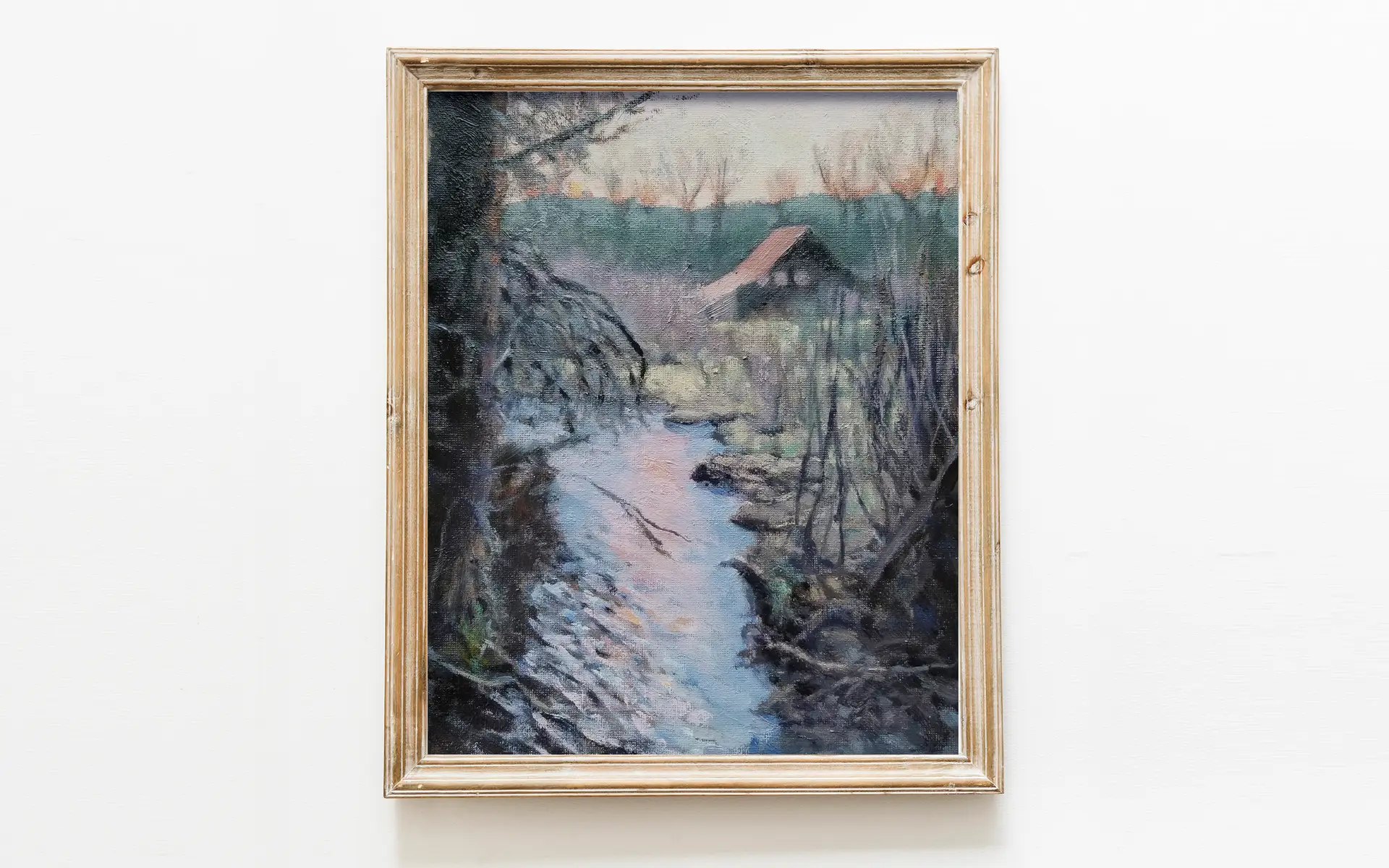 art print of oil painting depicting a creek at twilight, surrounded by late fall growth, with a building in the distance.