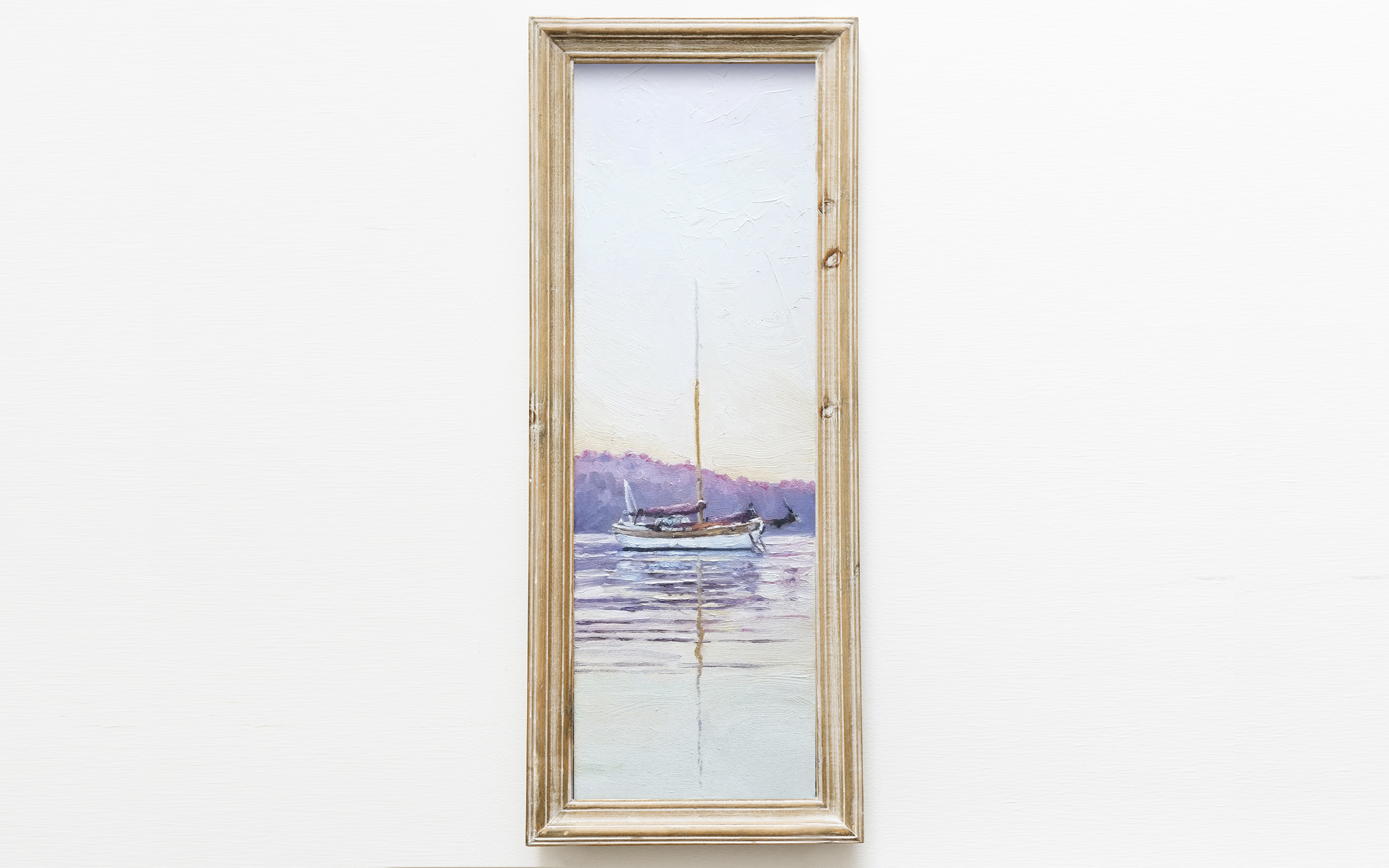 art print of oil painting vertically oriented depicting a sailboat on a calm harbor with pinks and violets