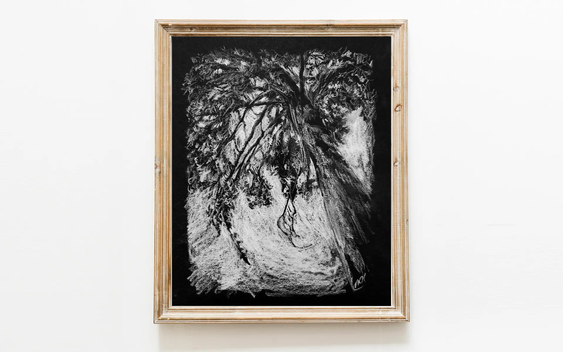 This art print of a drawing done with white pencil on black paper depicts a tree from the underside, looking into the sky, with branches going every which way