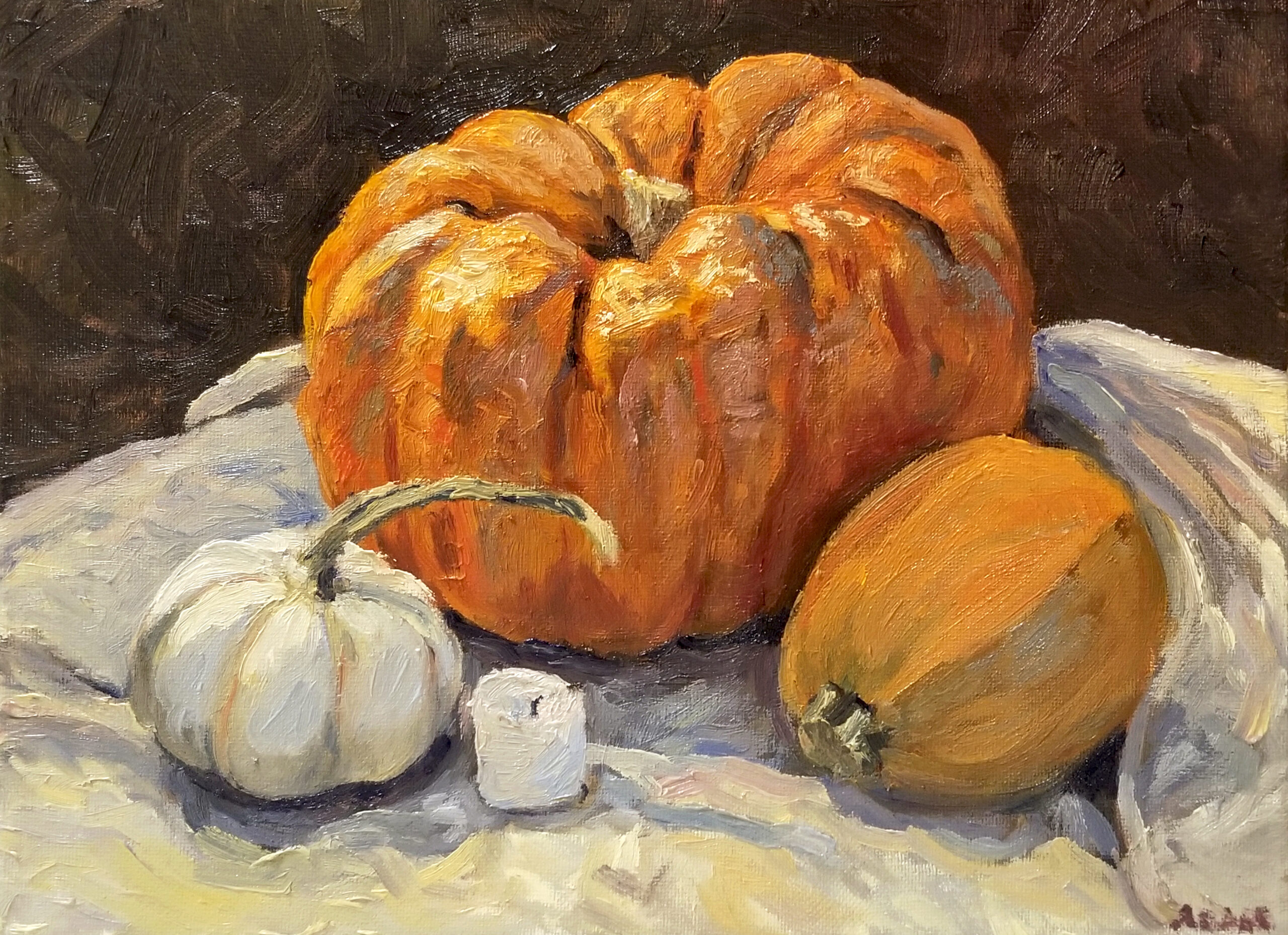 oil painting of three pumpkin still life with candle